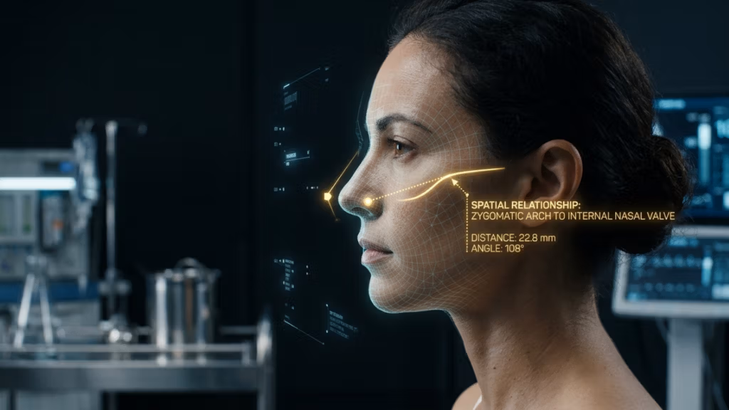 Una toma cinematográfica de alta resolución que captura a una mujer de perfil, analizada mediante tecnología avanzada de imágenes médicas. La imagen se reproduce con la precisión de una cámara réflex digital profesional, utilizando un objetivo macro de 100 mm para lograr una profundidad de campo reducida que mantiene el enfoque nítido en sus rasgos faciales, difuminando suavemente el fondo del laboratorio clínico. La iluminación es sofisticada y analítica, con una luz ambiental de tonos fríos que se refleja en la piel, resaltando los contornos refinados de su nariz y pómulos. La modelo exhibe una expresión serena y neutra, con la textura natural de su piel delicadamente representada con una sutil luminosidad. Una sofisticada interfaz de realidad aumentada en oro neón se superpone al perfil, mapeando los puntos de referencia faciales con una cuadrícula digital y mostrando datos médicos precisos sobre las relaciones espaciales entre el arco cigomático y la válvula nasal interna. La atmósfera es elegante, futurista y aséptica, combinando la estética médica de alta gama con un aspecto editorial pulido.