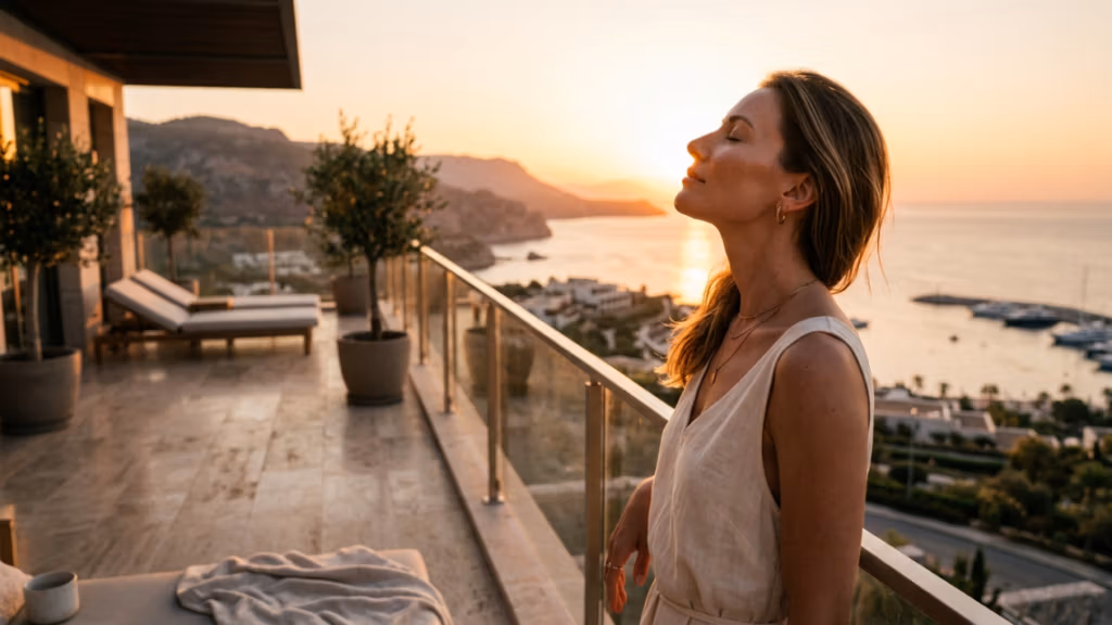 Fotografía de estilo de vida editorial de alta gama, capturada con un objetivo profesional de retrato de 85 mm, que muestra a una mujer de perfil en un lujoso balcón mediterráneo al atardecer. La calidad de la imagen es excepcional, similar a la de una fotografía DSLR de alta resolución. La iluminación está dominada por una cálida luz dorada que crea un suave y etéreo efecto de contorno en la silueta y el hombro de la modelo, proyectando sombras suaves y naturales que enfatizan su postura elegante y relajada. La mujer, con una expresión serena y los ojos cerrados, posee una figura femenina y grácil. Su piel exhibe una luminosidad natural y saludable, que capta sutilmente los rayos dorados del sol. Viste una prenda minimalista de lino beige con un tejido texturizado, complementada con delicados collares dorados superpuestos y anillos discretos que reflejan el brillo ambiental. La composición se centra nítidamente en su perfil contra un fondo amplio y difuminado de un complejo turístico costero, un puerto y un mar en calma bajo un cielo ámbar suave, evocando una atmósfera sofisticada y tranquila de lujo y ocio.