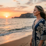 A professional, editorial-style portrait of a mature woman captured during golden hour at the beach. The image is shot with a 50mm lens, utilizing a shallow depth of field that renders the background—a serene seascape with sunset light over distant mountains—in a soft, cinematic blur. The natural, warm sunlight strikes the subject from a side angle, creating a soft-light effect that gently contours her profile and illuminates her features with a golden, luminescent glow. The woman, poised and serene, exudes an aura of timeless elegance, with her wind-swept, greying hair adding a touch of natural dynamism. She is wearing a deep navy-blue midi dress crafted from a fluid, lightweight fabric, adorned with intricate, off-white, folk-inspired botanical patterns. Subtle, minimalist gold jewelry, including delicate hoop earrings and a layered necklace, catches the sunset light, adding refined highlights. The overall composition is balanced and atmospheric, evoking a sense of calm, reflective luxury, rendered with the high-fidelity clarity of contemporary professional DSLR photography.