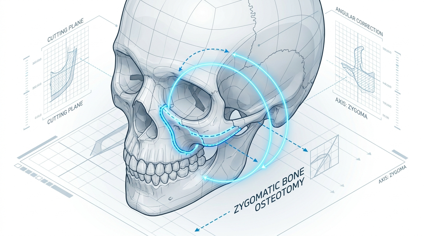 A hyper-realistic, high-fidelity medical 3D render presented in an editorial, technical aesthetic. The image features a human skull in a three-quarter view, rendered with clinical precision as if captured by an 85mm macro lens for high-resolution anatomical study. The lighting is clean and professional, utilizing soft, diffuse studio highlights that articulate the contours of the bone structure without harsh shadows. The visualization emphasizes 'Zygomatic Bone Osteotomy,' highlighted with luminous, cyan-toned neon vectors that arc across the cheekbone area, suggesting surgical precision and movement. The composition is set against a grid-like technical schematic background, evoking a state-of-the-art surgical planning environment. Floating callouts display 'Cutting Plane' and 'Angular Correction' graphs, reinforcing the surgical and architectural nature of the procedure. The overall aesthetic is one of modern, high-tech medical luxury—sleek, sterile, and impeccably detailed, focusing on the intersection of anatomy and engineering.