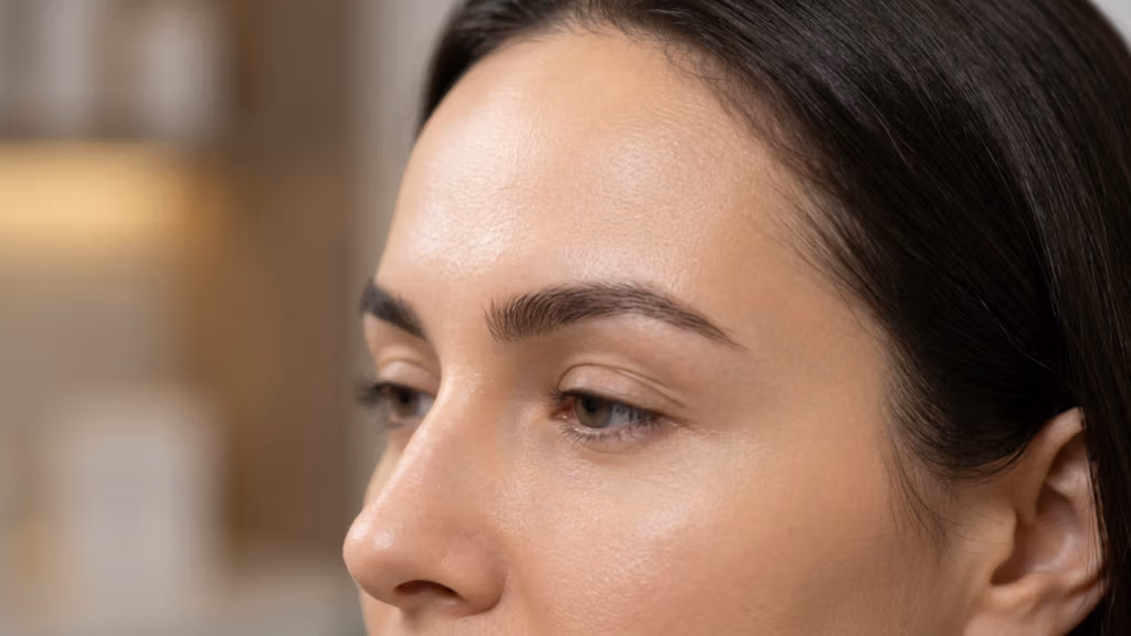A professional, ultra-high-definition close-up portrait of a woman's face, captured with an 85mm macro lens to emphasize intricate facial features. The image exhibits superior DSLR photography quality, showcasing exceptional clarity and depth. The lighting is soft and diffused, expertly highlighting the natural contours of her brow ridge, nose, and cheekbone with a gentle, flattering glow. The subject is a woman with striking features, captured in a serene, profile-leaning posture that draws attention to her groomed brows and clear complexion. Her skin displays a realistic, healthy texture, characterized by subtle pores and a natural, dew-like luminescence that suggests a hydrated, radiant finish without heavy makeup. There is no visible clothing or hardware; the composition is strictly focused on the upper facial portrait. The background is a softly blurred, neutral-toned interior, creating an elegant, clinical-yet-luxurious atmosphere that keeps the entire focus on the subject's refined, natural beauty.