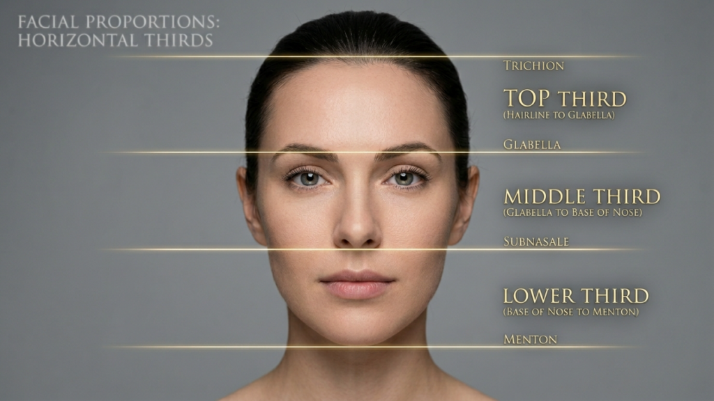 A professional medical educational graphic featuring a front-facing studio portrait of a woman against a neutral gray background. The image, rendered in high-resolution DSLR photography quality, uses clear horizontal golden lines to illustrate the 'Facial Proportions: Horizontal Thirds' concept. The lighting is soft and flattering, evenly illuminating her face to highlight symmetrical features, natural skin texture, and clear, calm eyes. The composition is clinical and instructional, with elegant, clean typography labeling the Top, Middle, and Lower thirds of the face from the hairline to the chin. The overall aesthetic is sophisticated, sterile, and informative, typical of a high-end cosmetic or dermatology clinical presentation.