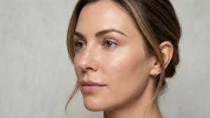 Un portrait beauté éditorial haut de gamme, réalisé avec un objectif fixe de 85 mm, offrant une faible profondeur de champ typique de la photographie reflex numérique professionnelle. La lumière douce et diffuse crée un éclat flatteur qui met en valeur le grain naturel et frais de la peau, soulignant un teint radieux et hydraté, avec des pores et un grain de peau subtilement réalistes. Le sujet est une femme au profil raffiné et gracieux, coiffée d'un chignon souple et naturel qui encadre son visage. Son maquillage minimaliste aux tons neutres souligne une allure authentique et élégante. Son expression est calme et contemplative, son regard légèrement tourné vers l'extérieur. Elle porte de délicates créoles dorées minimalistes qui ajoutent une touche de luxe discret. La composition, un portrait serré sur un fond texturé gris clair neutre et doux, crée une esthétique sereine et sophistiquée, évoquant les campagnes publicitaires de soins de la peau ou de beauté haut de gamme.