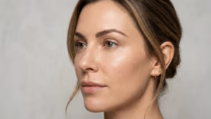 Een hoogwaardig redactioneel beautyportret, vastgelegd met een 85mm prime-lens, met een geringe scherptediepte die kenmerkend is voor professionele DSLR-fotografie. De belichting is zacht en diffuus, waardoor een flatterende gloed ontstaat die de natuurlijke, dauwfrisse textuur van de huid van de vrouw benadrukt. De stralende, gehydrateerde teint met subtiele, realistische poriën en huidstructuur wordt geaccentueerd. Het onderwerp is een vrouw met een verfijnd, gracieus profiel, haar haar opgestoken in een zacht, nonchalant kapsel dat haar gezicht omlijst. Ze draagt neutrale, minimale make-up, wat een authentieke en elegante uitstraling benadrukt. Haar uitdrukking is kalm en peinzend, haar blik iets van de camera af gericht. Ze draagt delicate, minimalistische gouden oorringen die een vleugje ingetogen luxe toevoegen. De compositie is een scherp portret tegen een zachte, neutrale, lichtgrijze achtergrond met textuur, wat een serene en verfijnde esthetiek creëert die doet denken aan luxe huidverzorgings- of beautycampagnes.