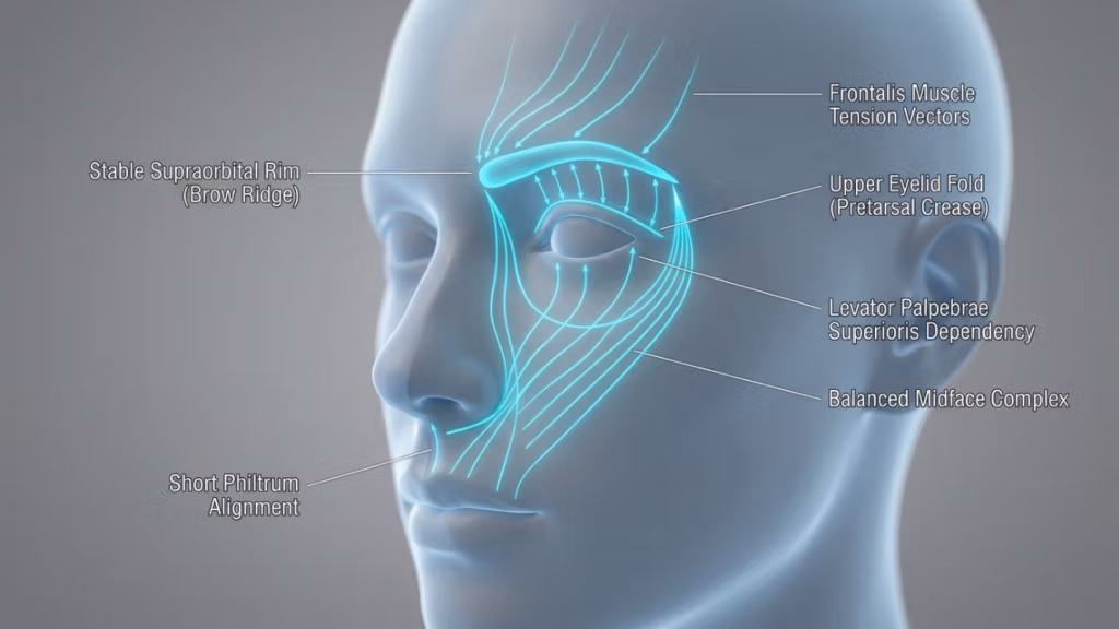 Eine klinisch-medizinische Illustration in hochauflösendem 3D, präsentiert als professionelles anatomisches Diagramm. Das Bild zeigt einen neutralen, stilisierten menschlichen Kopf im Dreiviertelprofil vor einem sanft verlaufenden grauen Studiohintergrund. Die Ästhetik ist klar, steril und lehrreich und ähnelt hochwertiger medizinischer Visualisierungssoftware. Anstelle von natürlichem Licht verwendet das Bild ätherische, biolumineszente blaue Vektorlinien, die Gesichtsspannung, Muskulatur und strukturelle Ausrichtung darstellen. Diese leuchtenden Linien heben wichtige anatomische Merkmale hervor, darunter den stabilen Supraorbitalrand, die Spannungsvektoren des Musculus frontalis, die Oberlidfalte, die Abhängigkeit des Musculus levator palpebrae superioris, den ausgeglichenen Mittelgesichtskomplex und die Ausrichtung des kurzen Philtrums. Die Hautstruktur ist glatt, matt und gleichmäßig, frei von Poren oder Unreinheiten, was ihre Funktion als saubere Grundlage für medizinische Daten unterstreicht. Es gibt keine traditionelle Kleidung oder Hilfsmittel, da der Fokus ausschließlich auf der strukturellen Geometrie des Gesichts liegt. Die Komposition ist ausgewogen und wissenschaftlich fundiert und dient als hochpräzise grafische Anleitung für die ästhetische Gesichtsanatomie und die chirurgische Planung.