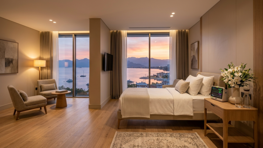 A high-end, professionally captured architectural interior shot of a luxury hotel suite at sunset. The image is rendered with the precision of a 35mm wide-angle DSLR lens, offering a crisp, high-fidelity 4K perspective. The lighting design masterfully balances warm, ambient indoor illumination—emanating from a bedside lamp and recessed ceiling spots—with the natural, golden-hour light filtering through floor-to-ceiling windows. This creates a soft, tranquil atmosphere that highlights the texture of the light oak flooring and the plush, neutral-toned upholstery of the bedding and seating. The room’s composition is centered around a panoramic sea view of distant mountains under a twilight sky, creating a serene, upscale environment. While there is no human figure present to analyze anatomy or textiles, the space is meticulously curated with elegant furniture, a bedside medical monitor, and floral arrangements, reflecting a sophisticated, peaceful sanctuary.