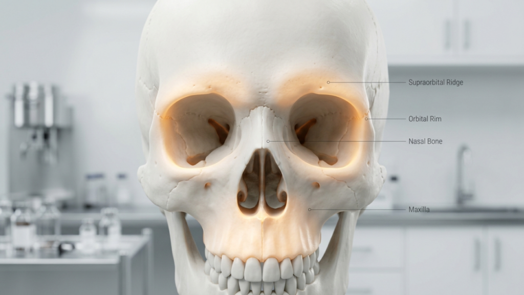 A high-resolution, clinical-grade 3D medical visualization of a human skull, captured with a shallow depth of field reminiscent of an 85mm macro lens, emphasizing high-fidelity anatomical precision. Soft, diffused laboratory lighting creates a clean, sterile environment, while a warm, subtle luminescence emanates from within the orbital rims and nasal cavity, highlighting the bone structure. The skull is perfectly centered in a frontal view, with delicate, crisp callouts identifying the 'Supraorbital Ridge,' 'Orbital Rim,' 'Nasal Bone,' and 'Maxilla' in elegant typography. The surface of the bone is rendered with a smooth, matte texture, devoid of organic moisture, emphasizing its architectural form. The background is a softly blurred, out-of-focus clinical aesthetic, suggesting a sterile, high-end medical or dental workspace. The overall composition is technical, pristine, and professional, blending scientific educational utility with a sophisticated, minimalist photographic aesthetic.
