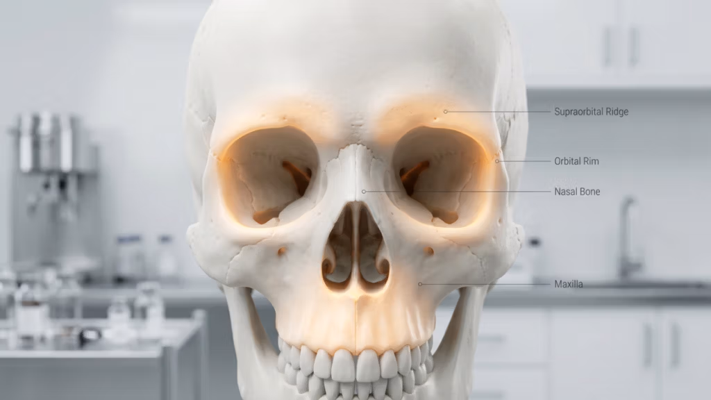 Eine hochauflösende, klinisch erprobte 3D-Visualisierung eines menschlichen Schädels, aufgenommen mit geringer Schärfentiefe, die an ein 85-mm-Makroobjektiv erinnert und die anatomische Präzision betont. Sanftes, diffuses Laborlicht schafft eine saubere, sterile Umgebung, während ein warmes, subtiles Leuchten aus den Augenhöhlenrändern und der Nasenhöhle ausgeht und die Knochenstruktur hervorhebt. Der Schädel ist in Frontalansicht perfekt zentriert, mit feinen, klaren Beschriftungen, die 'Supraorbitalkamm', 'Augenhöhlenrand', 'Nasenbein' und 'Oberkiefer' in eleganter Typografie kennzeichnen. Die Knochenoberfläche ist mit einer glatten, matten Textur ohne organische Feuchtigkeit dargestellt, was ihre architektonische Form unterstreicht. Der Hintergrund ist sanft verschwommen und unscharf und vermittelt die Ästhetik eines sterilen, hochwertigen medizinischen oder zahnärztlichen Arbeitsbereichs. Die Gesamtkomposition ist technisch, makellos und professionell und verbindet wissenschaftlichen pädagogischen Nutzen mit einer anspruchsvollen, minimalistischen fotografischen Ästhetik.