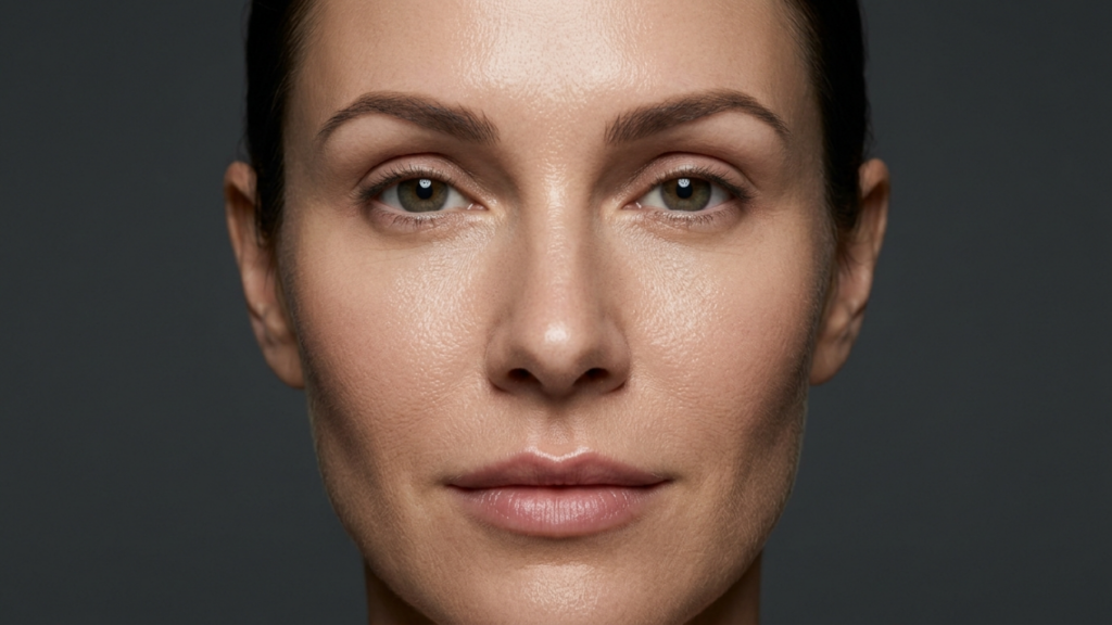 A high-resolution, editorial beauty portrait captured with an 85mm prime lens, showcasing a woman's face in tight close-up. The lighting is sophisticated and directional, employing soft-yet-defined studio highlights that trace the architectural planes of her facial structure, creating subtle, dramatic shadows along the jawline. The skin texture is rendered with hyper-realistic clarity, revealing organic pore detail and a subtle, dewy luminescence that suggests a healthy, hydrated complexion. Her expression is composed and enigmatic, with eyes fixed forward, emphasizing a natural, clean aesthetic. The color palette is monochromatic and muted, set against a seamless charcoal-grey backdrop, evoking a modern, minimalist, and luxurious atmosphere characteristic of high-end fashion photography. The image quality is crisp and razor-sharp, typical of professional DSLR equipment, with a shallow depth of field that isolates the subject entirely from the background.