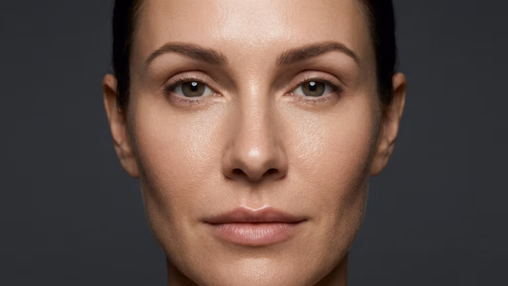 Ein hochauflösendes, redaktionelles Beauty-Porträt, aufgenommen mit einem 85-mm-Festbrennweitenobjektiv, zeigt das Gesicht einer Frau in enger Nahaufnahme. Die Beleuchtung ist raffiniert und gezielt, mit weichen, aber dennoch definierten Studio-Highlights, die die architektonischen Linien ihrer Gesichtszüge nachzeichnen und subtile, dramatische Schatten entlang der Kieferpartie erzeugen. Die Hautstruktur wird mit hyperrealistischer Klarheit wiedergegeben, wodurch organische Porendetails und ein subtiler, taufrischer Schimmer sichtbar werden, der einen gesunden, hydratisierten Teint suggeriert. Ihr Ausdruck ist gelassen und geheimnisvoll, der Blick geradeaus gerichtet, was eine natürliche, reine Ästhetik unterstreicht. Die Farbpalette ist monochrom und gedeckt und hebt sich von einem nahtlosen anthrazitgrauen Hintergrund ab, wodurch eine moderne, minimalistische und luxuriöse Atmosphäre entsteht, wie sie für hochwertige Modefotografie charakteristisch ist. Die Bildqualität ist gestochen scharf, typisch für professionelle DSLR-Ausrüstung, mit einer geringen Schärfentiefe, die das Motiv vollständig vom Hintergrund abhebt.