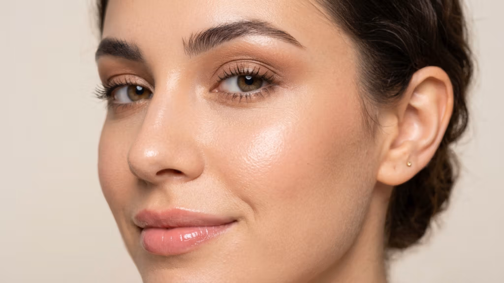 Ein hochwertiges Beauty-Porträt im Editorial-Stil, aufgenommen mit einem 85-mm-Makroobjektiv, das die exquisite Hautstruktur und fotografische Präzision betont. Das Bild nutzt weiches, diffuses Studiolicht, das die natürliche, strahlende Leuchtkraft und die zarten Gesichtszüge der Frau hervorhebt. Sie strahlt Ruhe und Selbstbewusstsein aus, ihr Teint ist makellos und detailreich wiedergegeben, wobei natürliche Poren und ein gesunder, hydratisierter Glow hervorgehoben werden. Die Komposition konzentriert sich auf eine enge Nahaufnahme, die äußere Ablenkungen ausblendet und die Kunst des Make-ups und die natürliche Anatomie vor einem klaren, minimalistischen neutralen Hintergrund in den Vordergrund rückt. Die Gesamtästhetik ist von klarer, moderner Eleganz geprägt und eignet sich perfekt für High-Fashion- oder Kosmetik-Editorials.