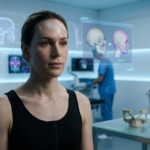 A professional editorial shot captured with a high-end 85mm lens, showcasing 4K DSLR-quality precision. The portrait features a woman in a clinical, high-tech setting, with her face exhibiting a subtle, natural luminescence and fine skin texture. The lighting is soft and clinical, echoing the sterile environment of a medical suite, highlighting her composed, steady posture. She wears a form-fitting black compression garment, contrasting with the cool, blue-toned medical lighting. In the background, holographic digital interfaces display 3D anatomical skull renderings and pre-op/post-op data, while a medical professional in scrubs works in the blurred distance. The composition is clean and futuristic, blending the humanity of the subject with advanced aesthetic medical technology, emphasizing a atmosphere of precision and professional surgical care.