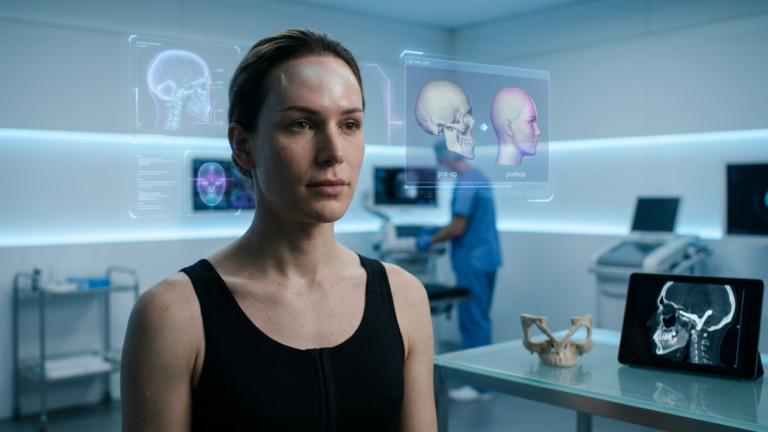 Профессиональный редакционный снимок, сделанный с помощью высококачественного объектива 85 мм, демонстрирующий точность 4K-качества, сравнимую с зеркальной фотокамерой. На портрете изображена женщина в высокотехнологичной клинической обстановке, ее лицо демонстрирует едва заметное естественное свечение и тонкую текстуру кожи. Мягкое, стерильное освещение, перекликающееся с обстановкой медицинского кабинета, подчеркивает ее спокойную, уверенную позу. На ней облегающий черный компрессионный костюм, контрастирующий с холодным, синим медицинским освещением. На заднем плане голографические цифровые интерфейсы отображают 3D-модели анатомии черепа и предоперационные/послеоперационные данные, а медицинский работник в хирургическом халате работает в размытом ракурсе. Композиция чистая и футуристическая, сочетающая человечность модели с передовыми эстетическими медицинскими технологиями, подчеркивая атмосферу точности и профессионального хирургического ухода.