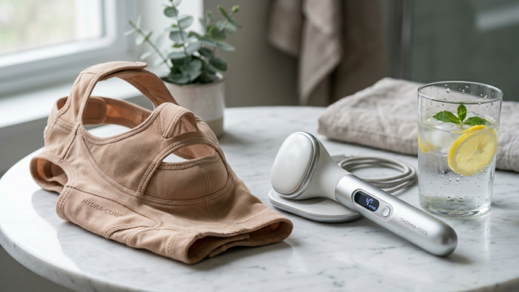 A professional, high-resolution product photography shot, captured with an 85mm macro lens to achieve a shallow depth of field and sharp detail. The scene is brightly lit with soft, diffused natural light emanating from a nearby window, creating gentle highlights and clean, minimal shadows on a polished white marble tabletop. The focal point features a beige, high-tech 'HYDRA-COMP' facial compression garment positioned next to a sleek, modern 'THERMA-COOL' handheld aesthetic device with a digital display showing a 4°C setting. Beside them sits a refreshing glass of water with ice, lemon, and a mint sprig, emphasizing a theme of cooling and hydration. The aesthetic is clean, clinical, and luxurious, evoking a sense of refined skincare technology. The composition is balanced and editorial, highlighting the texture of the technical fabric and the smooth, metallic finish of the device.