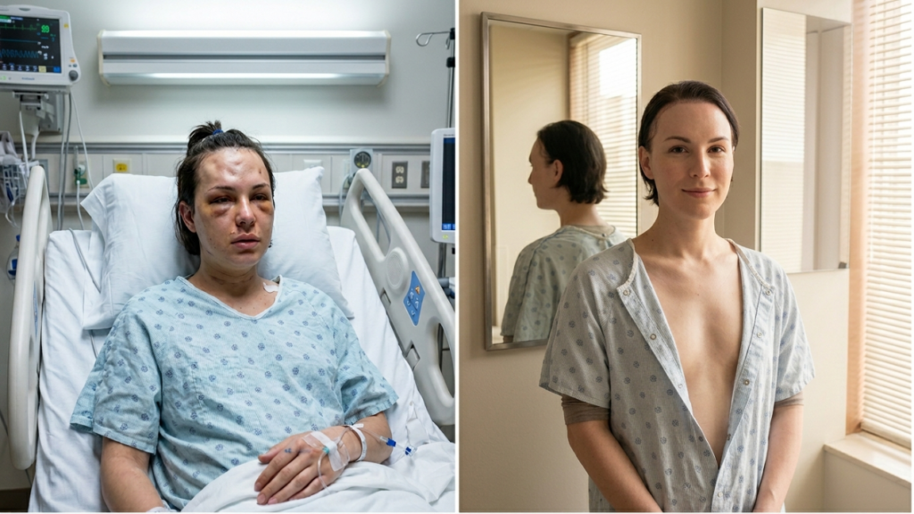 Ein fotografisches Diptychon im redaktionellen Stil dokumentiert den Genesungsprozess einer Patientin. Linkes Bild: Eine hochauflösende Aufnahme mit einer DSLR-Kamera und einem 50-mm-Objektiv bei sanftem, klinischem Umgebungslicht zeigt eine Frau in einem Krankenhausbett. Sie trägt ein hellblau gemustertes Kleid. Ihr Gesichtsausdruck ist ernst, sichtbare Blutergüsse und Schwellungen unterstreichen die authentische, unverfälschte Ästhetik nach der Operation. Rechtes Bild: Ein Porträt derselben Frau in häuslicher Umgebung. Die Aufnahme mit geringer Schärfentiefe und natürlichem, weichem Licht, das durch Jalousien fällt, hebt ihre ruhige, gelassene Ausstrahlung und die glattere Hautstruktur hervor. Sie trägt ein vorne offenes Krankenhauskleid. Ein Spiegel im Hintergrund erzeugt eine sanfte, reflektierende Tiefe. Beide Bilder zeichnen sich durch eine klare, klinische Farbpalette, eine ausgewogene Komposition und dokumentarische Klarheit aus.