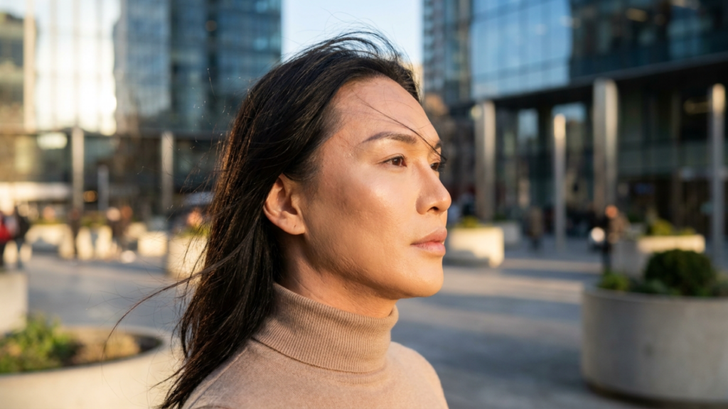 Un ritratto editoriale ad alta risoluzione, scattato con un obiettivo fisso da 85 mm, che ritrae una persona transgender in un profilo composto e contemplativo. L'immagine vanta una nitidezza da reflex professionale con una ridotta profondità di campo, che sfoca delicatamente lo sfondo urbano e architettonico moderno. La luce naturale laterale del tramonto crea un'illuminazione delicata, mettendo in risalto gli zigomi alti e i lineamenti raffinati del viso del soggetto con ombre sottili e naturali. La pelle del soggetto appare liscia, radiosa e idratata, catturando la luce con una sottile luminescenza. Indossa un maglione a collo alto beige a maglia fine che si abbina alla calda palette di colori. La composizione complessiva evoca un'atmosfera sofisticata, moderna e serena, focalizzandosi su un momento di quieta introspezione in un ambiente urbano.