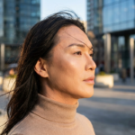 A high-resolution editorial portrait captured with an 85mm prime lens, showcasing a transgender individual in a poised, contemplative profile. The image features professional DSLR-quality clarity with a shallow depth of field, softly blurring an urban, modern architectural background. The golden-hour natural side-light provides a delicate illumination, highlighting the subject's high cheekbones and refined facial structure with subtle, natural shadows. The subject's skin has a smooth, radiant, and hydrated appearance, catching the light for a subtle luminescence. They are wearing a fine-knit beige turtleneck sweater that complements the warm color palette. The overall composition evokes a sophisticated, modern, and serene atmosphere, focusing on a moment of quiet introspection amidst an urban environment.