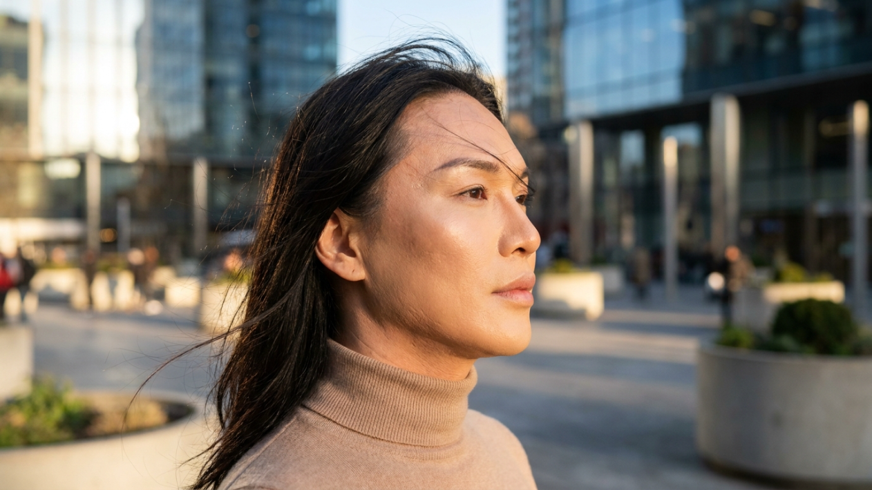 Een redactioneel portret in hoge resolutie, vastgelegd met een 85mm prime-lens, toont een transgender persoon in een beheerste, peinzende houding. De foto heeft een professionele DSLR-kwaliteit met een geringe scherptediepte, waardoor de stedelijke, moderne architectuur op de achtergrond subtiel vervaagt. Het natuurlijke zijlicht van het gouden uur zorgt voor een delicate belichting, die de hoge jukbeenderen en verfijnde gelaatsstructuur accentueert met subtiele, natuurlijke schaduwen. De huid van de persoon is glad, stralend en gehydrateerd en vangt het licht op voor een subtiele glans. De persoon draagt een fijn gebreide beige coltrui die perfect past bij het warme kleurenpalet. De algehele compositie roept een verfijnde, moderne en serene sfeer op, die een moment van stille introspectie te midden van een stedelijke omgeving weergeeft.