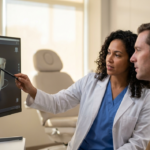 A high-resolution, DSLR-style medical editorial photograph capturing a female dentist or oral surgeon, with curly dark hair, wearing a professional white lab coat over blue scrubs, pointing at a 3D dental scan of a jawbone on a computer monitor. She is engaged in a consultation with a male patient sitting beside her, who is wearing a light checkered shirt. The lighting is soft, natural, and diffused, streaming from a nearby window, creating a clean, clinical, and reassuring atmosphere. The focus is sharp on the woman’s profile and the digital dental model on the screen, emphasizing a moment of professional medical education and patient-doctor collaboration in a modern, brightly lit clinical office. The composition follows standard commercial photography aesthetics, characterized by depth of field that subtly blurs the background equipment to maintain focus on the consultation process.