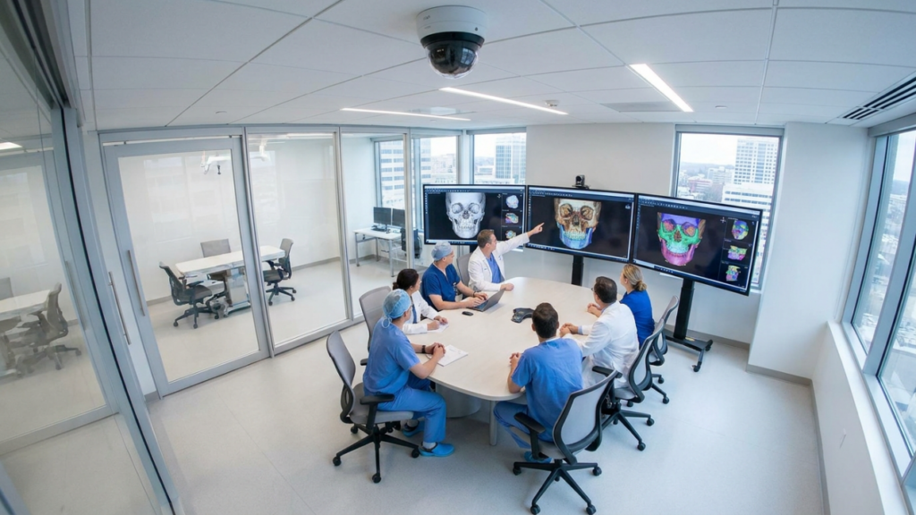 A high-angle, wide-shot architectural photograph captured with a wide-angle lens, conveying a sterile, professional, and clinical atmosphere in a modern medical planning suite. The scene features a group of seven medical professionals in surgical scrubs and lab coats gathered around a central conference table, engaged in a collaborative review of 3D facial imaging displayed on three large monitors. The lighting is bright, even, and diffuse, characteristic of high-end corporate or institutional overhead LED panels, minimizing shadows and emphasizing the clean, minimalist lines of the glass-walled office space. The composition is balanced and symmetrical, highlighting the teamwork and technological integration. The room includes ergonomic office furniture, a dome-style security camera on the ceiling, and large windows revealing an urban skyline. The overall aesthetic is one of precision, contemporary healthcare, and collaborative diagnostic technology.