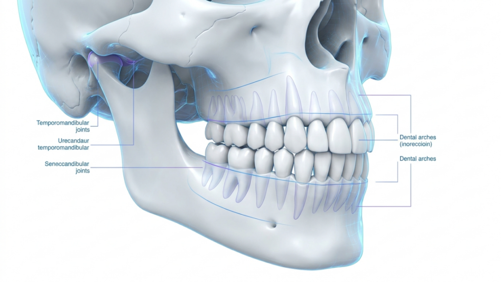 A high-definition 3D medical illustration featuring a human skull, captured with the precision of a professional macro lens to emphasize anatomical accuracy. The image is rendered with clean, clinical aesthetics, utilizing soft, diffused studio lighting that eliminates harsh shadows while highlighting the structural integrity of the cranium, mandible, and dental arches. The surface texture is smooth and polished, mimicking the pristine nature of medical visualization, with subtle luminescence around the temporomandibular joint area, which is accented in a soft violet hue. The composition is balanced and educational, featuring clean, minimalist typography lines pointing to key anatomical structures like the 'Temporomandibular joints' and 'Dental arches', set against a stark, high-key white background that projects a sterile, professional, and scientific atmosphere.