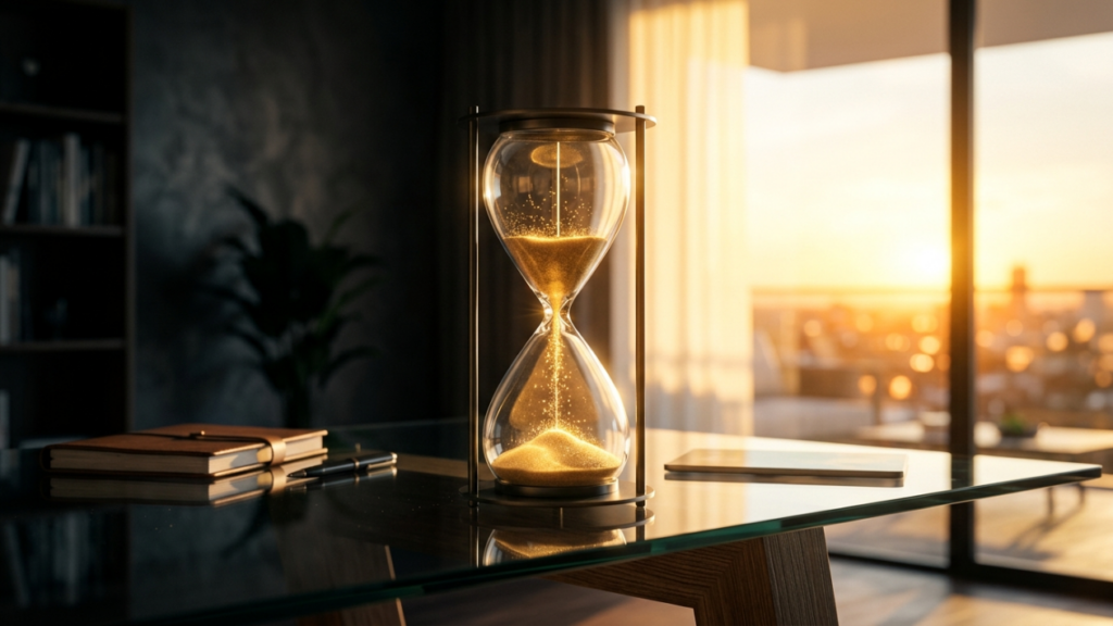 A high-resolution, cinematic still-life photograph featuring an elegant hourglass as the central subject, resting on a sleek, reflective glass desk. The scene is captured with the crisp precision of an 85mm macro lens, showcasing extreme detail in the flowing golden sand, which emits a soft, ethereal luminescence. The lighting is masterfully executed using a warm, dramatic golden-hour side light, creating sharp highlights and long, contemplative shadows that enhance the depth and texture of the hourglass's metal frame. The background is a sophisticated, softly blurred contemporary home office, with a dark, moody bookshelf on one side contrasting with a luminous, sunset-bathed balcony on the other, establishing a luxurious and serene atmosphere. The overall composition balances stillness and motion, emphasizing a premium aesthetic typical of high-end editorial photography.