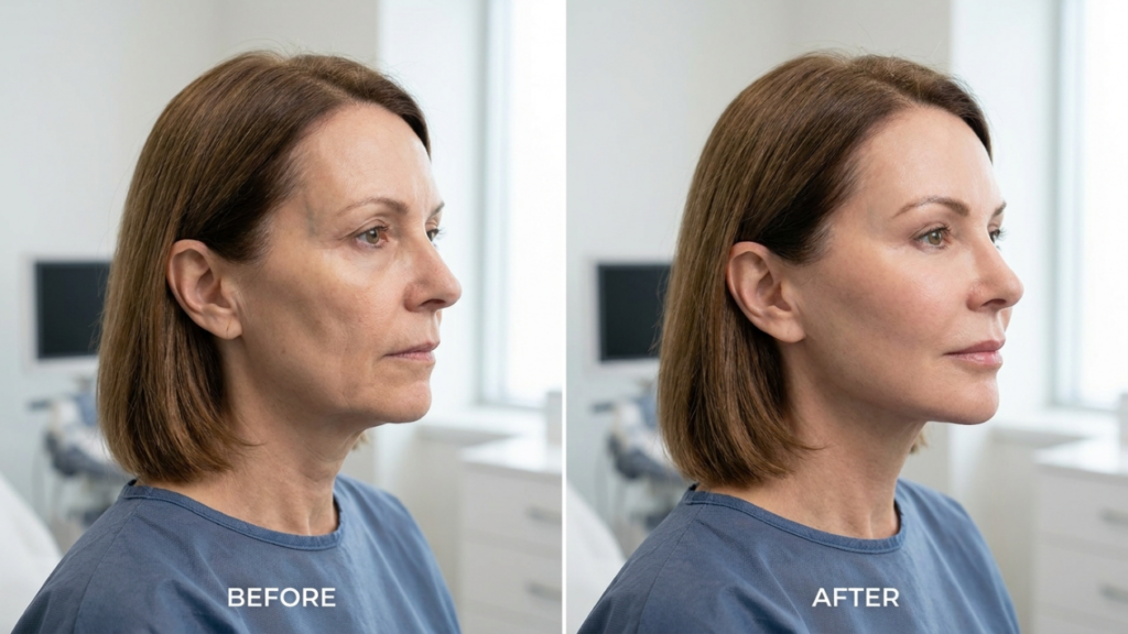 A split-screen comparison image, likely taken with a high-resolution DSLR camera using an 85mm portrait lens to ensure minimal distortion and professional-grade clarity. The lighting is clinical and soft, designed for dermatological assessment, evenly illuminating the subject's profile to highlight skin texture and facial contours without harsh shadows. The subject is a woman shown in profile, displaying a clear contrast between a 'before' and 'after' state. The 'before' image reveals natural aging signs including volume loss in the mid-face, nasolabial folds, and skin laxity along the jawline. The 'after' image depicts a rejuvenated appearance with restored mid-face volume, smoothed contours, and a lifted jawline, demonstrating the efficacy of aesthetic intervention. The skin texture appears smooth and clean, devoid of moisture or artificial sweat, focusing entirely on the structural improvement. The subject wears a simple, professional-style blue clinical top, maintaining a neutral aesthetic. The composition is centered on the facial profile against a blurred, bright, medical-office background, creating a clean, professional, and clinical atmosphere suitable for a medical aesthetic portfolio.