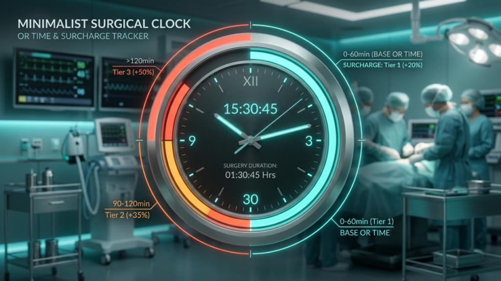 A high-definition, professional medical infographic featuring a 'Minimalist Surgical Clock' at its center. The clock is a sleek, metallic interface with glowing turquoise and orange accents, displaying the time '15:30:45' and a 'Surgery Duration' of '01:30:45 Hrs.' Radial progress bars around the clock indicate surgical duration tiers and associated surcharges, with labels like '>120min Tier 3 (+50%)', '90-120min Tier 2 (+35%)', and '0-60min Tier 1 (+20%)'. The background is a softly blurred, high-tech operating theater rendered with clinical precision, featuring medical monitors showing vitals and a surgical team performing a procedure under bright, sterile lights. The composition employs a shallow depth of field, emphasizing the central digital clock interface, evoking a clean, modern, and clinical aesthetic typical of premium medical technology marketing.