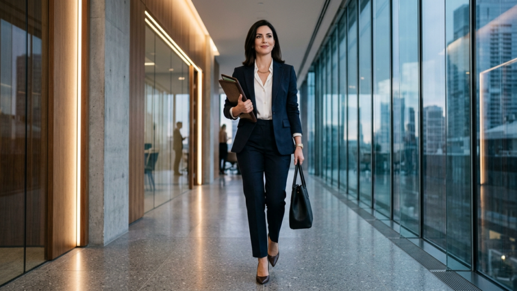 A sophisticated, high-resolution editorial photograph captured with a 50mm lens, mimicking professional DSLR quality with crisp 4K clarity. The image features a confident woman in a sharp, tailored navy blue power suit, walking purposefully through a sleek, modern corporate corridor. The lighting is masterfully balanced, utilizing soft, diffused ambient light from recessed ceiling fixtures and floor-level strips that create subtle highlights on her structured silhouette and smooth facial features, while avoiding harsh shadows to maintain a clean, professional aesthetic. The subject exhibits a poised, graceful stance, epitomizing modern executive elegance. Her skin possesses a flawless, natural finish with a subtle, healthy luminescence. She wears a crisp white button-down shirt paired with a dark suit, complemented by minimal gold hardware accessories like a thin necklace and a watch. The composition centers the subject, with the leading lines of the glass-walled corridor drawing the eye forward. The background, featuring out-of-focus silhouettes of colleagues in an industrial-luxe architectural setting, emphasizes a polished, high-stakes business environment.