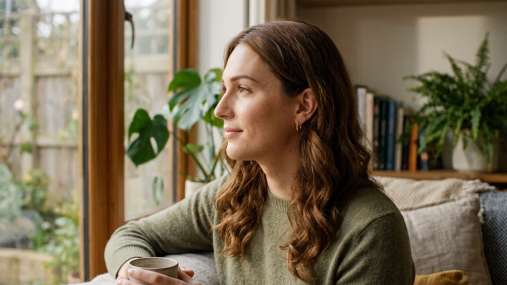 A high-resolution, professional portrait captured with an 85mm portrait lens, featuring a woman in profile view with a serene expression. The image quality is crisp, characteristic of DSLR photography, with a shallow depth of field that keeps the focus sharp on her features while softly blurring the background. Soft, natural window light floods from the side, delicately illuminating the contours of her face and highlighting the fine texture of her olive-green knitted sweater. She holds a ceramic mug, adding to the tranquil, cozy domestic atmosphere. The background is composed of a sunlit window revealing foliage and a bookshelf filled with volumes and potted plants, creating an authentic, lived-in aesthetic. Her skin appears natural and healthy, catching the subtle highlights of the ambient light, and she wears simple gold hoop earrings that complement the warm, inviting color palette of the indoor scene.