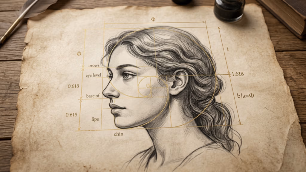 A high-resolution, artistic composition featuring a detailed pencil sketch of a woman's profile, masterfully overlaid with golden-ratio geometric schematics (the Fibonacci spiral and associated mathematical constants like Phi). The illustration, captured with the crisp precision of 4K DSLR photography using a 50mm lens, rests on a textured, aged piece of parchment. The lighting is soft and natural, emphasizing the graphite strokes and the warmth of the weathered paper. The woman's features are rendered with classical elegance, showcasing refined proportions. In the periphery, out-of-focus elements such as an antique quill pen and an inkwell sit on a rustic wooden table, evoking an intellectual, timeless, and scholarly atmosphere. The interplay between the organic, hand-drawn aesthetic and the clinical mathematical overlays creates a sophisticated dialogue between art and science.