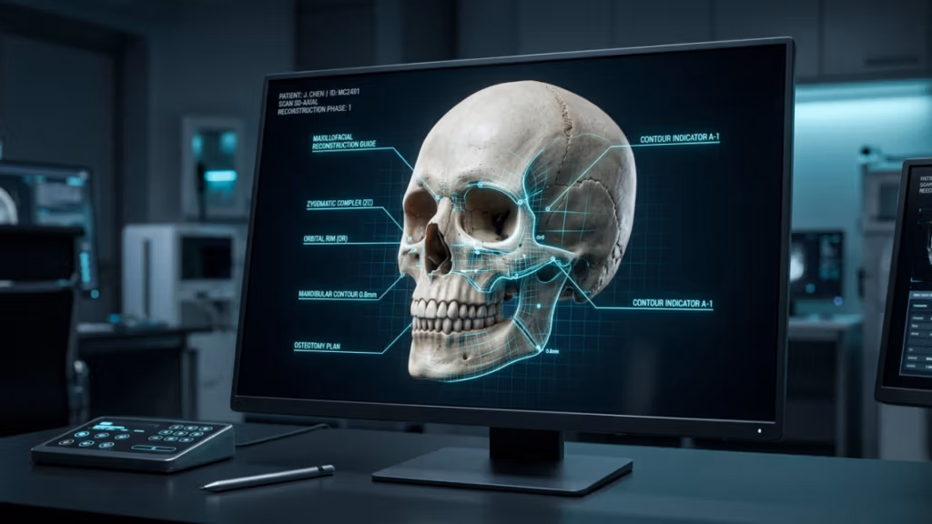 A high-resolution, photorealistic digital render captured with clinical precision, reminiscent of 4K medical imaging technology. The focal point is a central computer monitor displaying a 3D craniomaxillofacial reconstruction of a human skull, overlaid with intricate, glowing cyan geometric wireframes and diagnostic annotations such as 'Zygomatic Complex' and 'Mandibular Contour'. The lighting is cool-toned, clinical, and ambient, emanating from the screen itself to highlight the stark textures of the bone surface and the precision of the digital interface. The composition is set in a sterile, sophisticated medical laboratory or surgical planning suite, featuring a minimalist desk equipped with a digital control pad and stylus. The overall atmosphere is one of high-tech scientific advancement and professional, sterile precision.