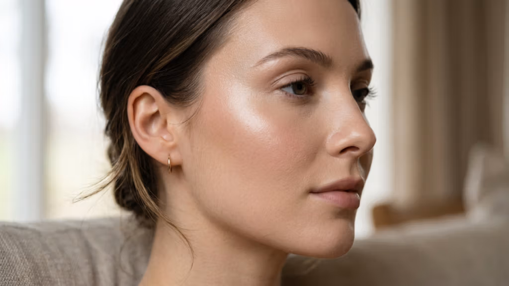 A high-resolution, editorial-style close-up portrait of a woman captured with an 85mm prime lens, characteristic of professional DSLR photography. The composition features a soft, diffused light source originating from the side, which gently accentuates the natural contours of her face and highlights her refined jawline. Her skin possesses a radiant, dewy luminescence, with a smooth, healthy texture visible in high-fidelity detail. The subject is depicted in a natural, serene pose, wearing subtle gold hoop earrings that add a touch of refined elegance. The background is softly out of focus, featuring neutral, textured tones that maintain a clean, sophisticated, and minimalist aesthetic, emphasizing the portrait's clarity and high-end editorial quality.