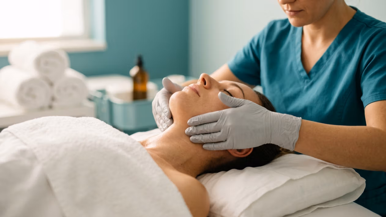 85 mm makro lensle çekilmiş, yüksek çözünürlüklü, editoryal tarzda bir fotoğraf; profesyonel cilt bakımı ve klinik lüksü vurguluyor. Kompozisyonda, sırtüstü yatan bir müşteri, bir uzmandan terapötik yüz masajı alıyor. Aydınlatma, üst düzey bir tıbbi spa'ya özgü yumuşak ve dağınık olup, müşterinin sakin yüz hatlarını ve rahat boyun anatomisini şekillendiren nazik, doğal gölgeler oluşturuyor. Müşteri, tedavi sonrası canlılığı gösteren, doğal, nemli ve hafif ışıltılı bir cilt dokusuna sahip. Uzman, keskin ve temiz bir kontrast sağlayan steril açık gri nitril eldivenler takmış, profesyonel turkuaz renkli bir önlük giymiş. Arka plan hafifçe bulanıklaştırılmış olup, düzenli bir şekilde istiflenmiş beyaz havlularla steril, sakin bir klinik ortamı sergileyerek, sakinlik, temizlik ve üst düzey bir sağlık hissi uyandırıyor. Estetik temiz, profesyonel ve rafine olup, masajın dokunsal bağlantısını vurguluyor.