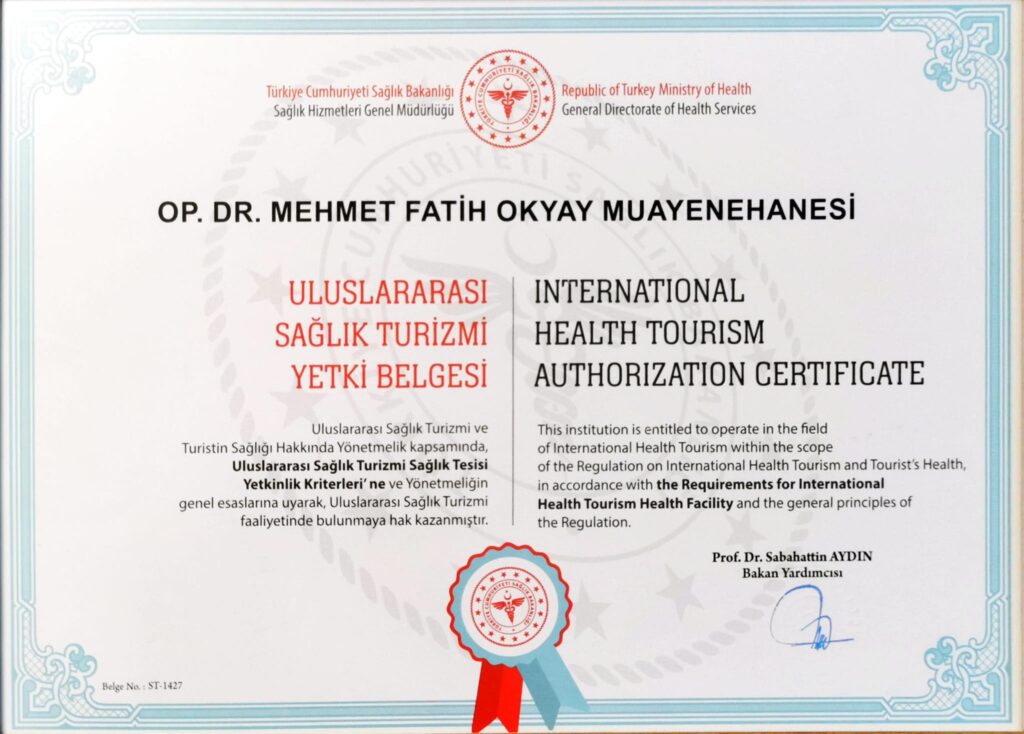 Ministero della Salute della Repubblica di Turchia. Certificato di autorizzazione al turismo sanitario internazionale rilasciato all'Op. Dr. Mehmet Fatih Okyay Muayenehanesi, firmato dal Vice Ministro Prof. Dr. Sabahattin Aydın.