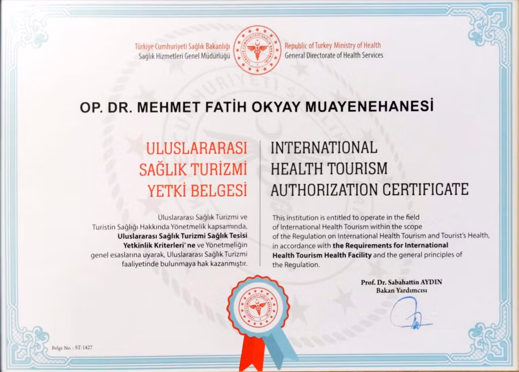 Türkiye Cumhuriyeti Sağlık Bakanlığı Uluslararası Sağlık Turizmi Yetki Belgesi, Op. Dr. Mehmet Fatih Okyayaşhanesi'ne verilmiş olup, Bakan Yardımcısı Prof. Dr. Sabahattin Aydın tarafından imzalanmıştır.