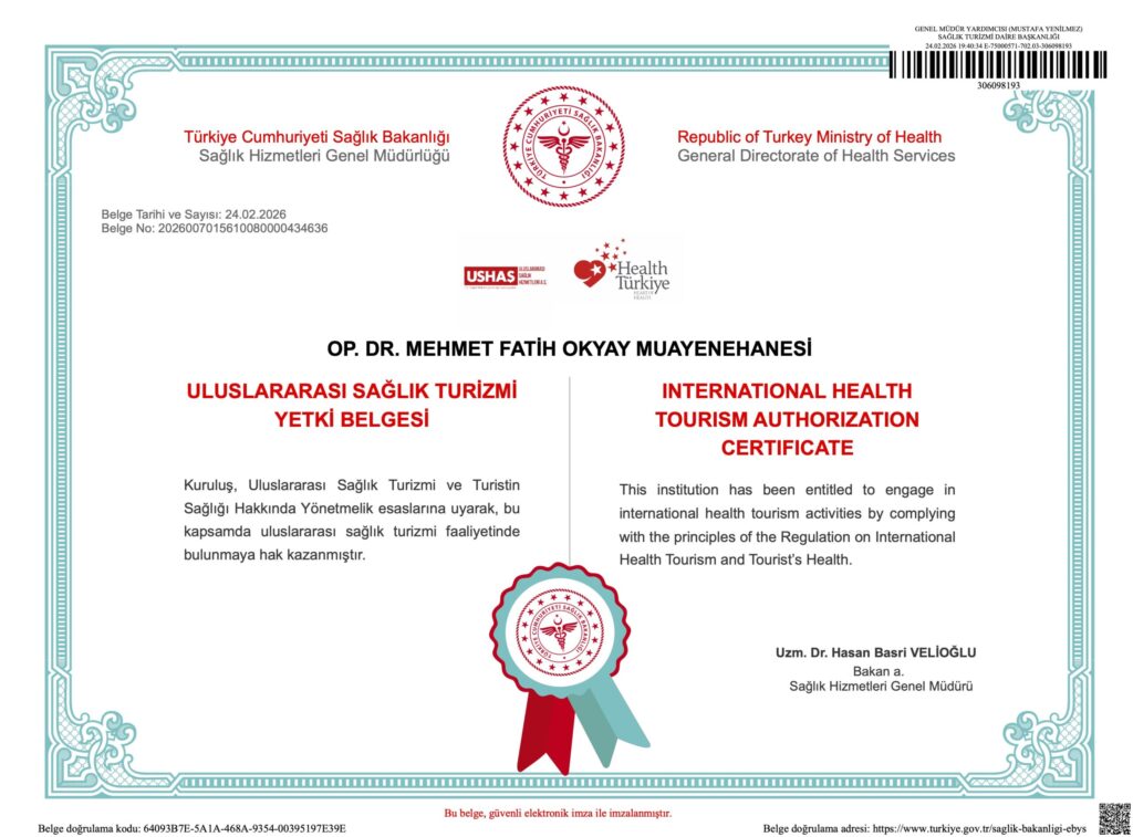 Ministero della Salute della Repubblica di Turchia. Certificato di autorizzazione al turismo sanitario internazionale rilasciato all'Op. Dr. Mehmet Fatih Okyay Muayenehanesi, firmato dal Vice Ministro Prof. Dr. Sabahattin Aydın.