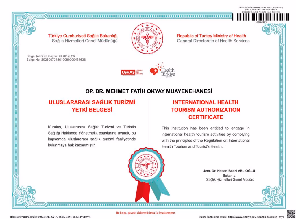 Türkiye Cumhuriyeti Sağlık Bakanlığı Uluslararası Sağlık Turizmi Yetki Belgesi, Op. Dr. Mehmet Fatih Okyayaşhanesi'ne verilmiş olup, Bakan Yardımcısı Prof. Dr. Sabahattin Aydın tarafından imzalanmıştır.