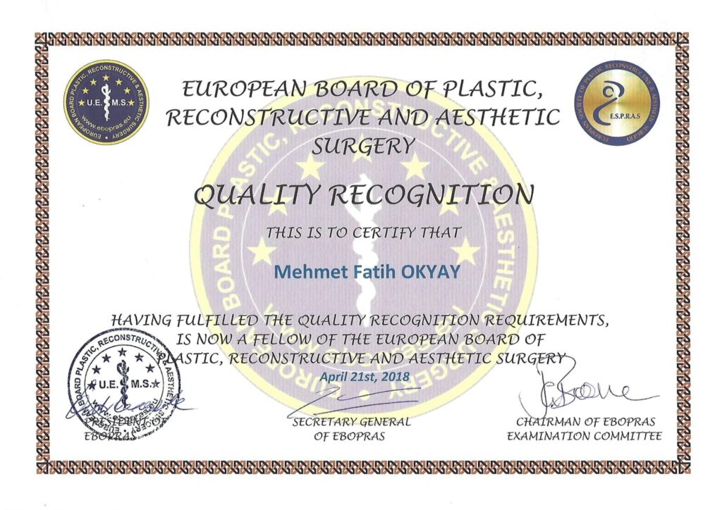 Certificato ufficiale di riconoscimento della qualità con bordo decorato, rilasciato dall'European Board of Plastic, Reconstructive and Aesthetic Surgery (EBOPRAS). Attesta che Mehmet Fatih OKYAY è un Fellow, è datato 21 aprile 2018 e reca timbri, loghi e firme ufficiali dell'EBOPRAS.