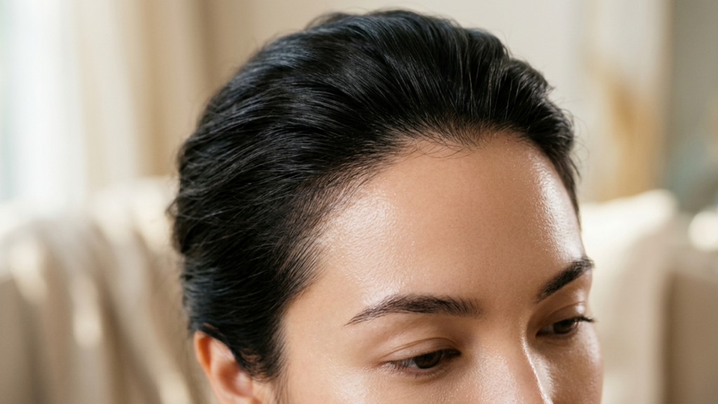 A high-end editorial close-up portrait of a woman, captured with an 85mm macro lens to emphasize hyper-realistic detail. The image boasts 4K DSLR resolution, focusing sharply on the subject's forehead and eyes. The lighting is soft yet directional, highlighting the natural contours of the face and creating a subtle, luminous sheen on the skin, which appears hydrated and refreshed. The subject has dark, slicked-back hair with visible, fine texture. The skin shows authentic, micro-level pores and natural luminescence, emphasizing a clean, sophisticated aesthetic. There is no clothing visible in this tight crop. The background is a soft, out-of-focus, neutral-toned interior that provides a serene, minimalist atmosphere, allowing the subject's natural features to remain the sole focal point.