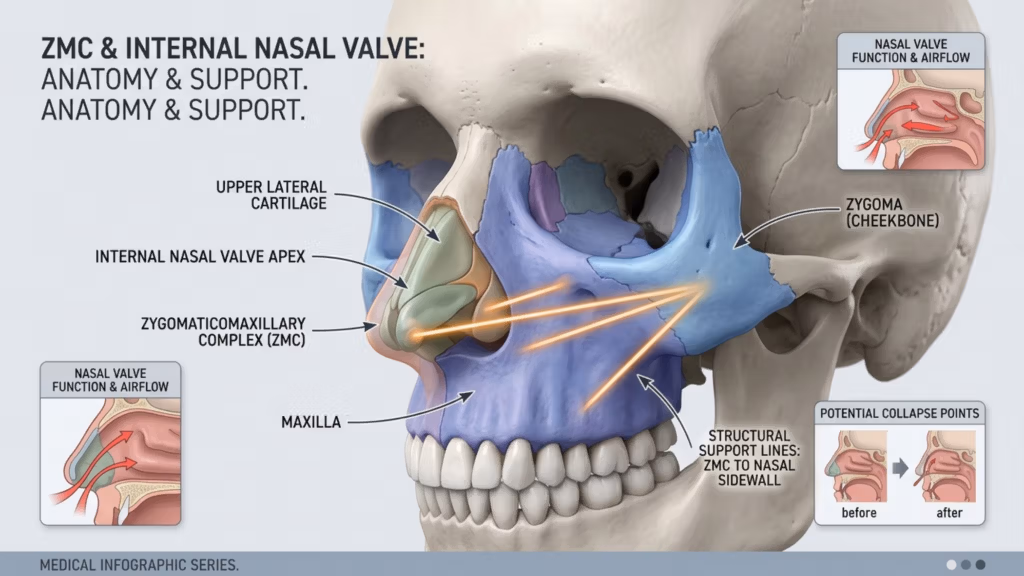 Infografía médica profesional y altamente detallada que presenta una vista lateral del cráneo humano, centrándose específicamente en la anatomía del complejo cigomático-maxilar (ZMC) y la válvula nasal interna. La imagen presenta una estética clínica y nítida, utilizando un modelo 3D con una sutil codificación de colores para distinguir las estructuras óseas: el cigoma en azul, el maxilar en violeta y el cartílago en verde salvia. Vectores nítidos de color ámbar ilustran las líneas de soporte estructural que se originan en el ZMC y se extienden hasta la pared lateral nasal. Dos diagramas insertados más pequeños visualizan eficazmente la dinámica del flujo de aire de la válvula nasal y los posibles puntos de colapso. La composición se caracteriza por su alta resolución, tipografía profesional y un fondo neutro y profesional, típico de la documentación médica educativa avanzada.