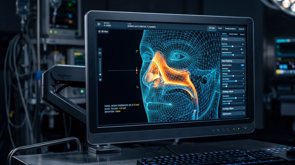 Una toma clínica profesional de alta resolución, capturada con un objetivo de 35 mm, que simula un entorno de estación de trabajo médica de alta gama. La imagen muestra un elegante monitor de alta definición con una sofisticada reconstrucción 3D de la estructura alámbrica de una cabeza humana para la planificación de una rinoplastia. La iluminación, propia de un quirófano, es fría y ambiental, proyectando suaves reflejos clínicos sobre el marco del monitor y el equipo de acero inoxidable circundante. La interfaz digital ofrece un modelado anatómico intrincado con tonos bioluminiscentes, que contrasta con el fondo oscuro y sobrio de un quirófano moderno. La poca profundidad de campo centra la atención en la nítida y precisa visualización digital del cartílago nasal y los parámetros de las vías respiratorias en la pantalla, reflejando una atmósfera tecnológica de vanguardia.