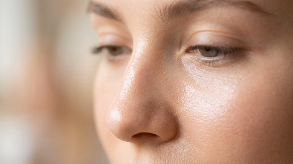 Un primer plano macro de alta gama, de estilo editorial, de un rostro femenino, capturado con un objetivo fijo de 85 mm para lograr una profundidad de campo reducida que enfatiza los intrincados detalles de la piel. La iluminación es suave y difusa, rozando el rostro desde un ángulo lateral para acentuar delicadamente los contornos naturales de la nariz y la sutil luminosidad de la tez. Cada microdetalle se reproduce con una exquisita resolución 4K, resaltando la textura orgánica de los poros y la hidratación natural de la superficie de la piel. El enfoque es nítido en el puente de la nariz y la zona orbital cercana, con los ojos suavemente desenfocados en el fondo, creando una estética de retrato serena, íntima e hiperrealista. No se aprecian prendas de vestir ni dispositivos, ya que la composición es rigurosa, como un estudio de belleza extremo, que evoca una sensación de pureza pura y sin filtros, y una elegancia clínica.