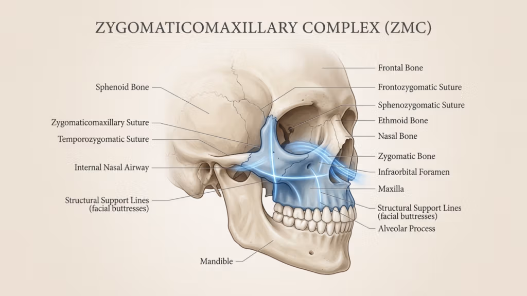 Ilustración médica profesional con estética clínica 4K, que muestra una vista oblicua lateral de un cráneo humano. El foco está en el complejo cigomático-maxilar (ZMC), resaltado con suaves acentos digitales azules para enfatizar las líneas de soporte estructural (contrafuertes faciales). La ilustración emplea una iluminación clínica precisa que define los contornos óseos con sutiles gradientes, evitando sombras duras para mantener la nitidez. Las estructuras anatómicas, incluyendo el hueso cigomático, el maxilar y diversas suturas, están meticulosamente etiquetadas con una tipografía limpia y sin serifa sobre un fondo neutro color crema. La composición general es aséptica e instructiva, diseñada para la claridad didáctica con detalles de alta resolución. No presenta texturas orgánicas de piel, ropa ni poses dinámicas, ya que se trata de un diagrama médico técnico y no de un retrato.