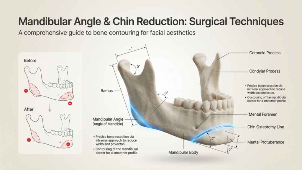A clean, high-resolution medical illustration titled 'Mandibular Angle & Chin Reduction: Surgical Techniques' set against a neutral off-white background. The composition features a detailed, anatomically accurate 3D model of a human mandible positioned centrally, illuminated with soft, clinical studio lighting that highlights its textured, bone-like surface. A delicate, glowing blue arc traces the surgical osteotomy lines along the mandibular angle and chin. On the left, a minimalist box presents a 'Before and After' comparison using clean line art, with red minus-sign icons marking the areas targeted for bone reduction. To the right, precise annotations with thin, professional leader lines identify key structures such as the coronoid process, condylar process, mental foramen, and mental protuberance. The overall aesthetic is professional, informative, and clinical, resembling a premium instructional medical infographic rendered with DSLR-like depth of field and sharp clarity.