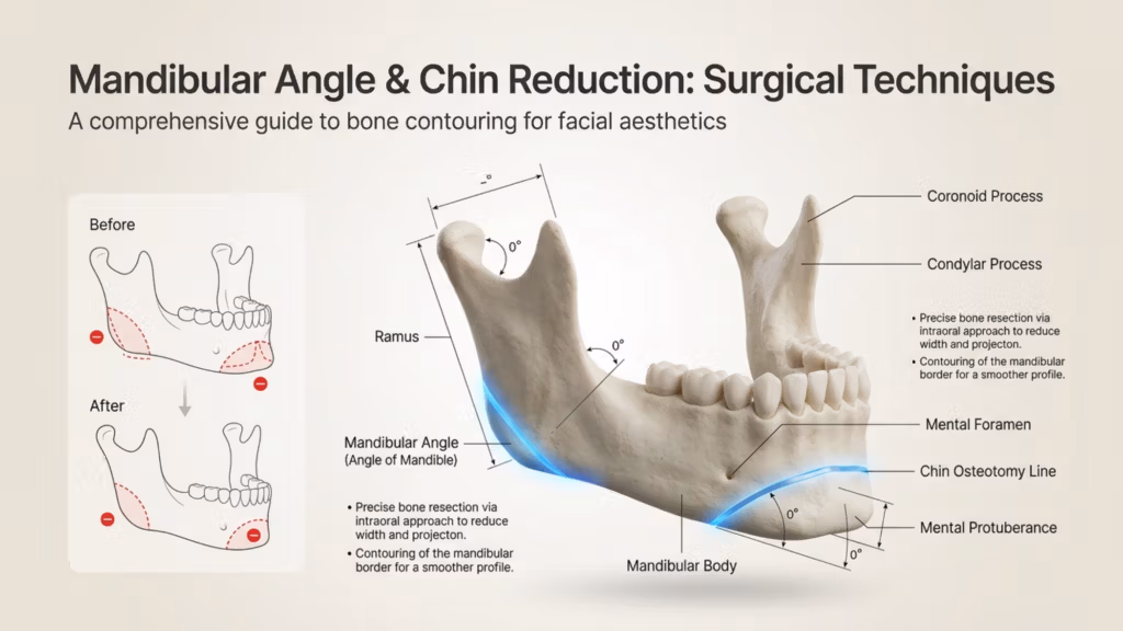 A clean, high-resolution medical illustration titled 'Mandibular Angle & Chin Reduction: Surgical Techniques' set against a neutral off-white background. The composition features a detailed, anatomically accurate 3D model of a human mandible positioned centrally, illuminated with soft, clinical studio lighting that highlights its textured, bone-like surface. A delicate, glowing blue arc traces the surgical osteotomy lines along the mandibular angle and chin. On the left, a minimalist box presents a 'Before and After' comparison using clean line art, with red minus-sign icons marking the areas targeted for bone reduction. To the right, precise annotations with thin, professional leader lines identify key structures such as the coronoid process, condylar process, mental foramen, and mental protuberance. The overall aesthetic is professional, informative, and clinical, resembling a premium instructional medical infographic rendered with DSLR-like depth of field and sharp clarity.