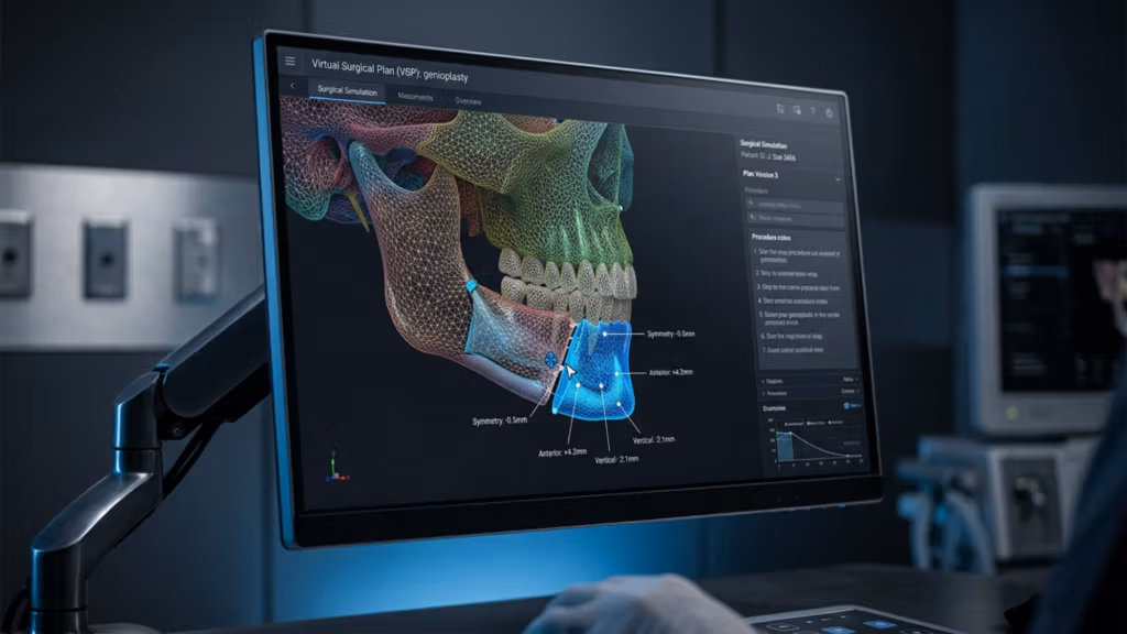 A high-resolution, cinematic, 4K digital photography shot captured with a sharp 35mm lens, showcasing a professional Virtual Surgical Plan (VSP) for a genioplasty procedure on a high-end medical monitor. The lighting is characterized by a cool, ambient blue glow emanating from the screen, which provides precise illumination for the complex 3D wireframe mesh of the human mandible and skull. The image emphasizes technical clarity and clinical precision, with a focus on the vivid, color-coded anatomical data and UI interface. The scene is set in a dimly lit, modern, industrial medical office or laboratory environment, featuring metallic monitor mounting hardware and a peripheral workstation desk, evoking a sleek, professional, and high-tech atmosphere. The composition utilizes a shallow depth of field, drawing the viewer's eye to the intricate digital measurements and the surgeon's workspace in the foreground.
