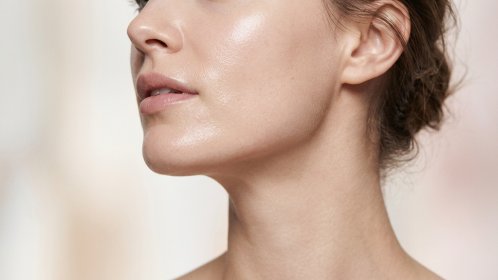 A high-end editorial beauty portrait captured with an 85mm macro lens, showcasing extreme detail in DSLR photography quality. The image features a side-profile view of a woman, emphasizing a refined jawline and elegant neck structure with soft, contoured musculature. The light design is masterfully executed using a soft-focus key light from a side angle, creating gentle highlights that accentuate the skin's natural topography without harsh shadows. The complexion is the focal point, rendered with an ultra-realistic, dewy finish that exhibits localized luminescence and a subtle, healthy hydration across the cheekbone and lip area. The composition is clean and minimalist, set against a neutral, diffused background that directs all attention to the subject’s serene expression and impeccable skin texture. No clothing or hardware is visible, keeping the focus entirely on the raw, natural aesthetic of the portrait.