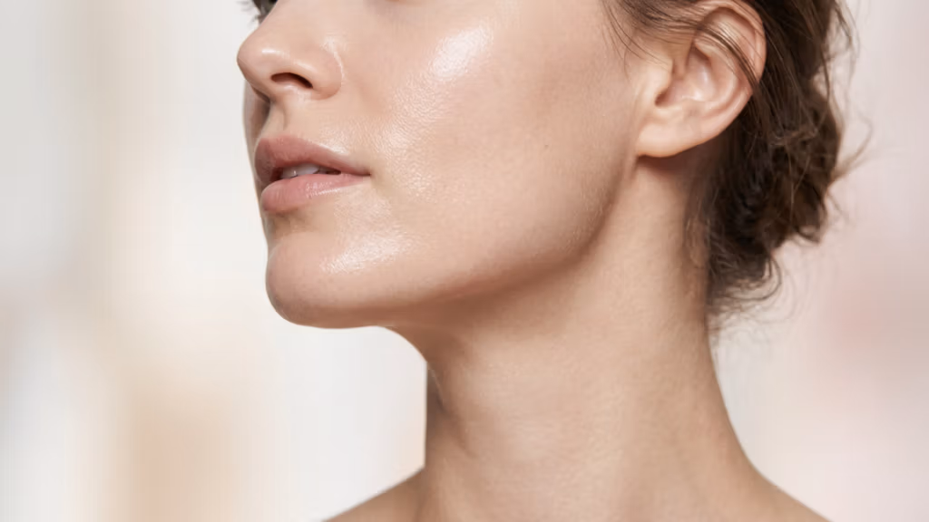 Un retrato de belleza editorial de alta gama, capturado con un objetivo macro de 85 mm, que muestra un nivel de detalle extremo con calidad de fotografía DSLR. La imagen presenta un perfil de una mujer, destacando una mandíbula definida y una elegante estructura del cuello con una musculatura suave y contorneada. El diseño de iluminación está magistralmente ejecutado con una luz principal de enfoque suave desde un ángulo lateral, creando delicados reflejos que acentúan la topografía natural de la piel sin sombras duras. La tez es el punto focal, representada con un acabado ultrarrealista y luminoso que exhibe una luminosidad localizada y una hidratación sutil y saludable en el pómulo y la zona de los labios. La composición es limpia y minimalista, sobre un fondo neutro y difuso que dirige toda la atención a la expresión serena de la modelo y a la impecable textura de su piel. No se aprecian prendas de vestir ni accesorios, manteniendo el enfoque por completo en la estética natural y auténtica del retrato.
