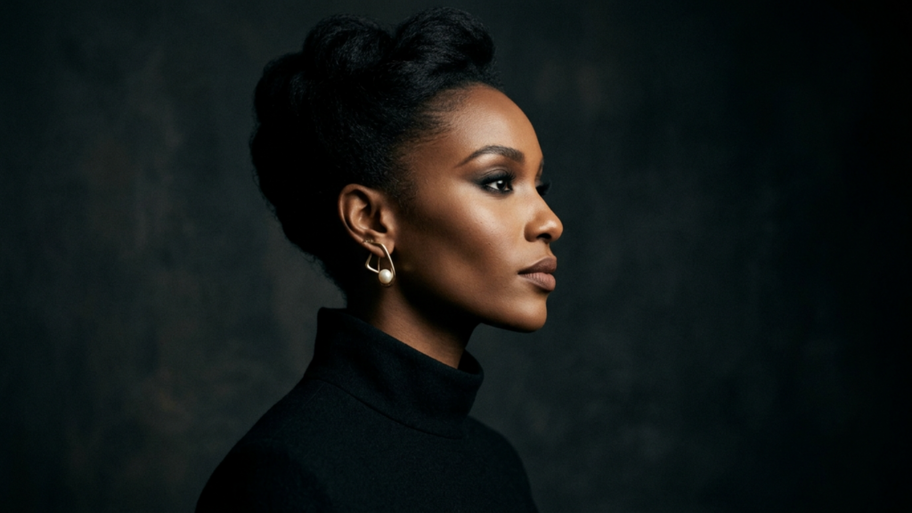 This high-end editorial portrait, captured with an 85mm prime lens for optimal focal length and compression characteristic of professional DSLR photography, showcases a woman in a striking profile pose. The lighting is masterfully executed using a soft, directional studio light from the side, creating dramatic chiaroscuro effects that sculpt the elegant lines of her jaw and cheekbones. Her complexion is flawless, boasting a rich, deep skin tone with a subtle, natural luminescence that catches the light along her profile. She is dressed in a minimalist black turtleneck made of fine-gauge knit, complemented by a contemporary, sculptural gold earring featuring a singular pearl, adding a touch of sophisticated hardware. The subject is set against a moody, textured dark grey background, which lends the composition a timeless, noir-inspired aesthetic. Every detail, from the precise definition of her features to the depth of the shadows, emphasizes a sense of refined power and quiet poise.